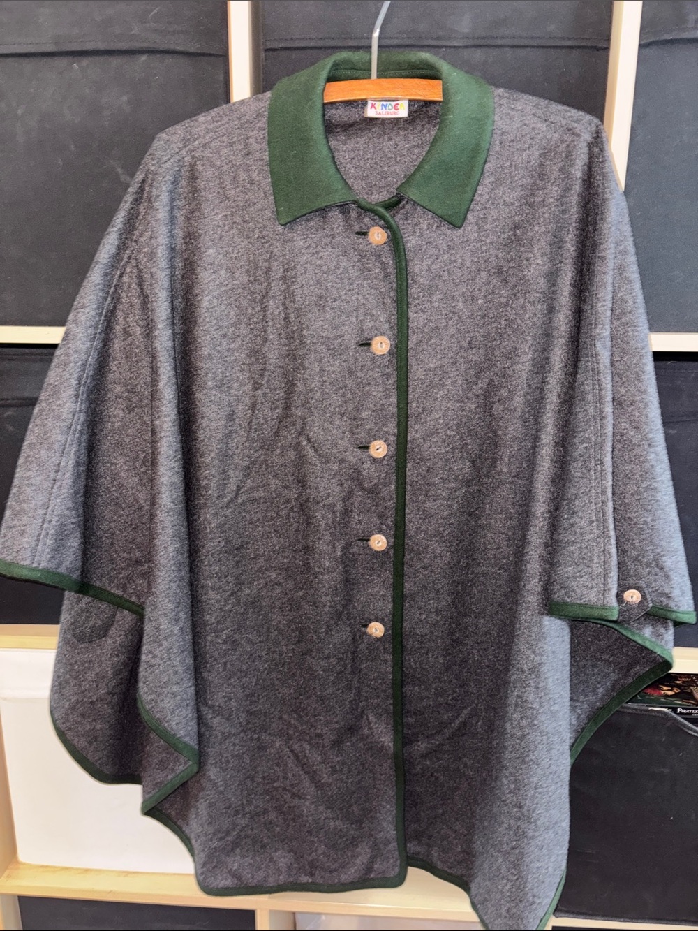 Kids Gray Wool Cape with Green Trim -